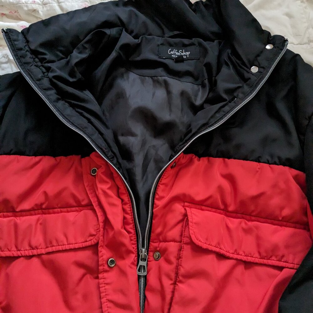Coffee Shop red and black puffer coat